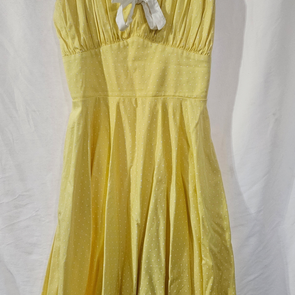 Medium Pinup Couture Pinup Girl Clothing YellowWhite Polka DotTie Front Sundress
